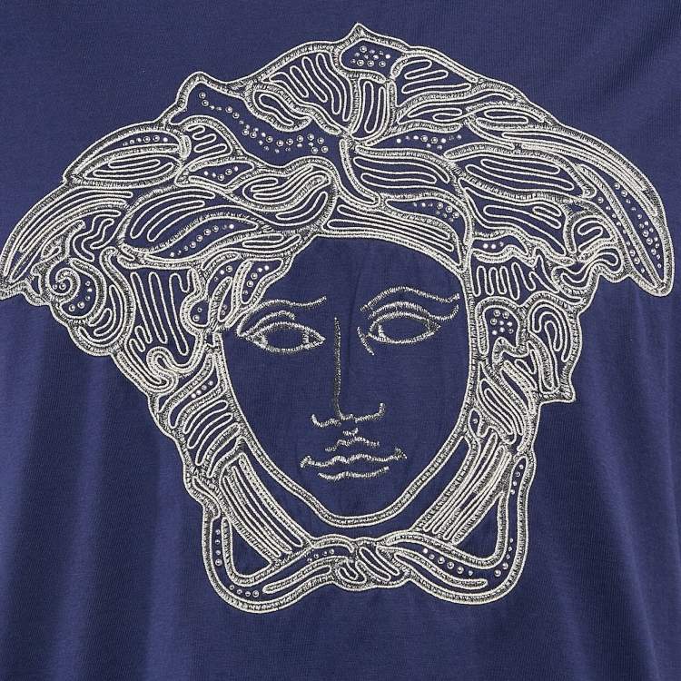 Pre Owned Versace Blue Medusa Embroidered Jersey Crewneck T-Shirt L