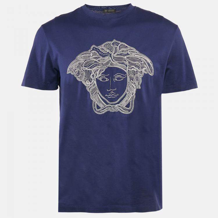 Pre Owned Versace Blue Medusa Embroidered Jersey Crewneck T-Shirt L