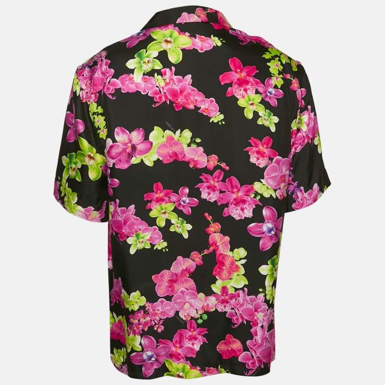 Pre Owned Versace Black/Pink Floral Print Silk American Fit Shirt L