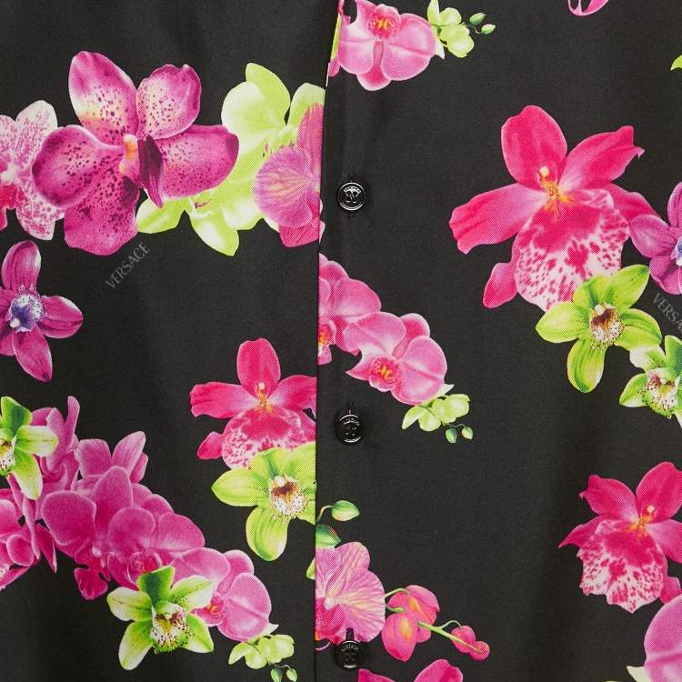Pre Owned Versace Black/Pink Floral Print Silk American Fit Shirt L