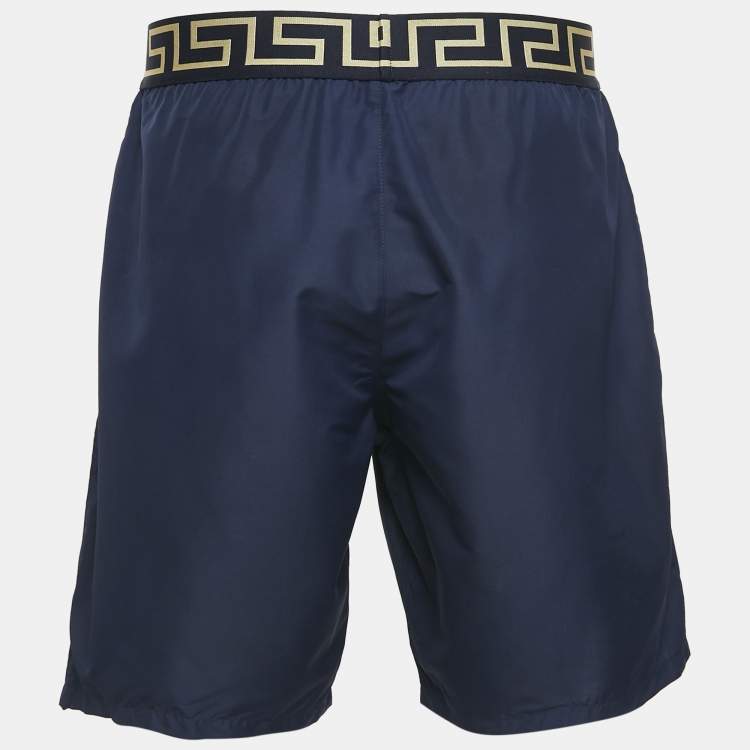 Pre Owned Versace Blue Greca Border Synthetic Swim Shorts L