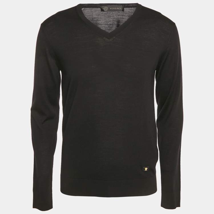 Pre Owned Versace Black Medusa Applique Wool Knit V-Neck Sweater M