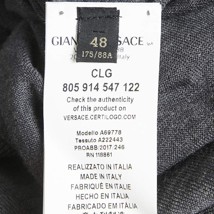 Pre Owned Versace Grey Medusa Applique Wool Knit V-Neck Sweater M