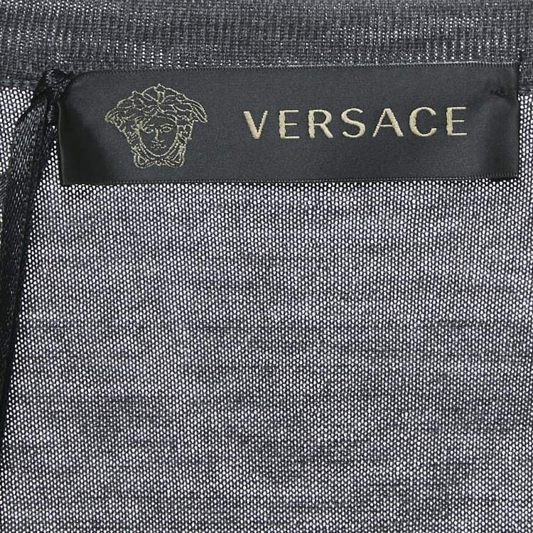 Pre Owned Versace Grey Medusa Applique Wool Knit V-Neck Sweater M