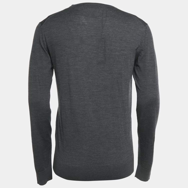 Pre Owned Versace Grey Medusa Applique Wool Knit V-Neck Sweater M