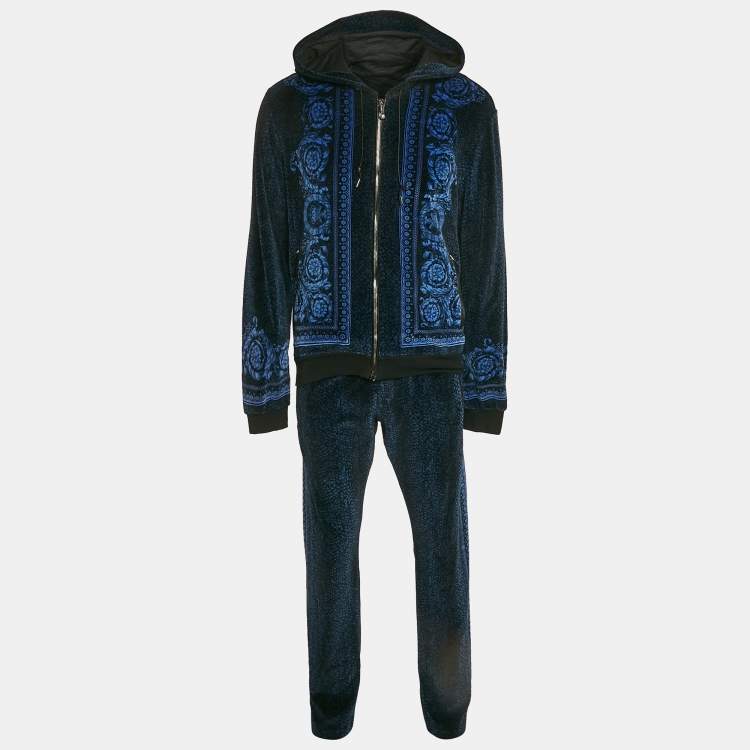 Pre Owned Versace Navy Blue Floral Print Velvor Track Suit M