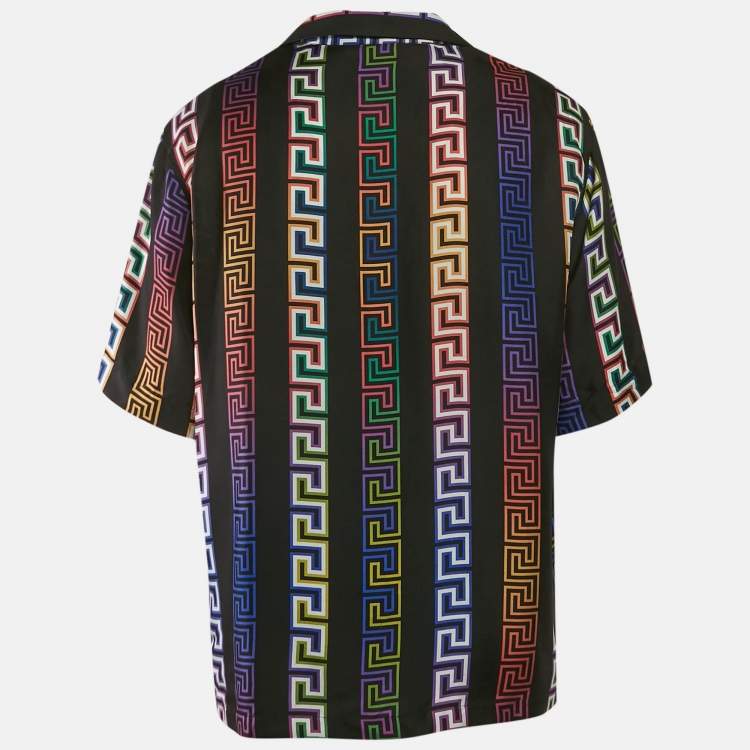 Pre Owned Versace Black Greek Key Print Silk Half Sleeve Shirt L