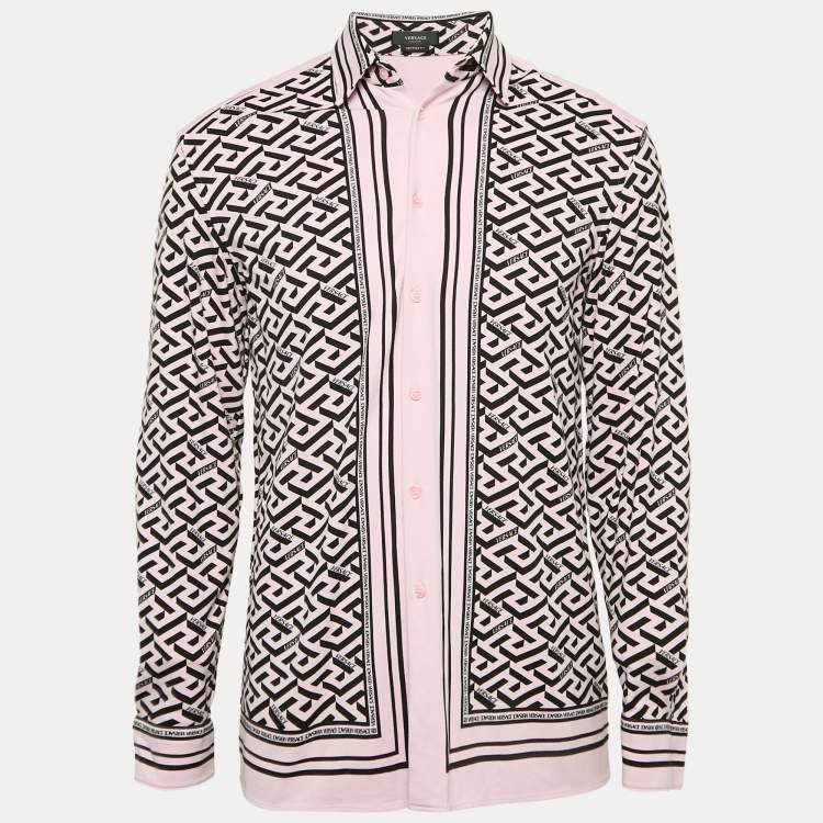 Pre Owned Versace Pink Logo Printed Knit Long Sleeve Shirt S