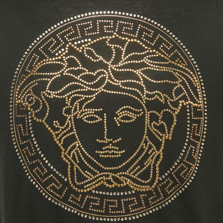 Pre Owned Versace Black Crystal Medusa Embellished Cotton Crew Neck T-Shirt L