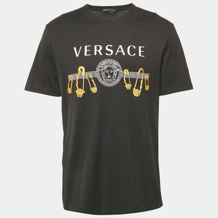 Pre Owned Versace Black Medusa Print and Pin Embroidery Cotton Crew Neck T-Shirt XXL