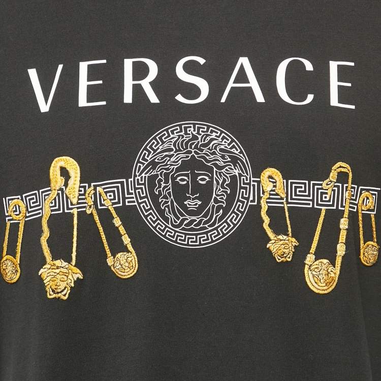 Pre Owned Versace Black Medusa Print and Pin Embroidery Cotton Crew Neck T-Shirt XXL