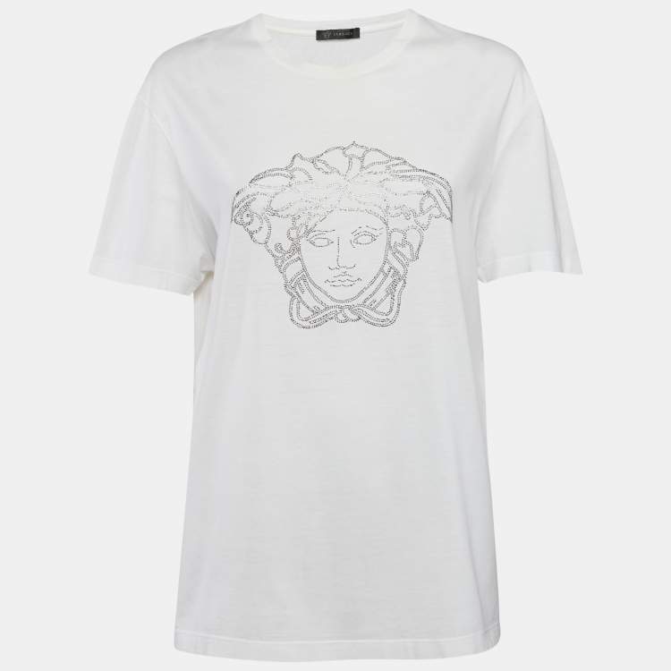 Pre Owned Versace Whte Medusa Embellished Jersey Crewneck T-Shirt 