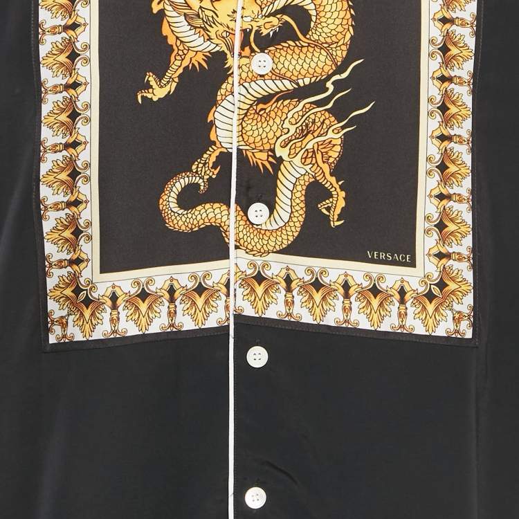 Pre Owned Versace Black Dragon Print Silk  and Crepe Short Sleeve Shirt L