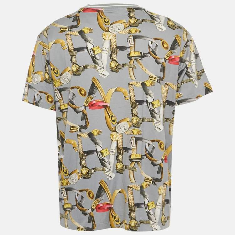 Pre Owned Versace Grey Allover Logo Print Cotton Knit T-Shirt L