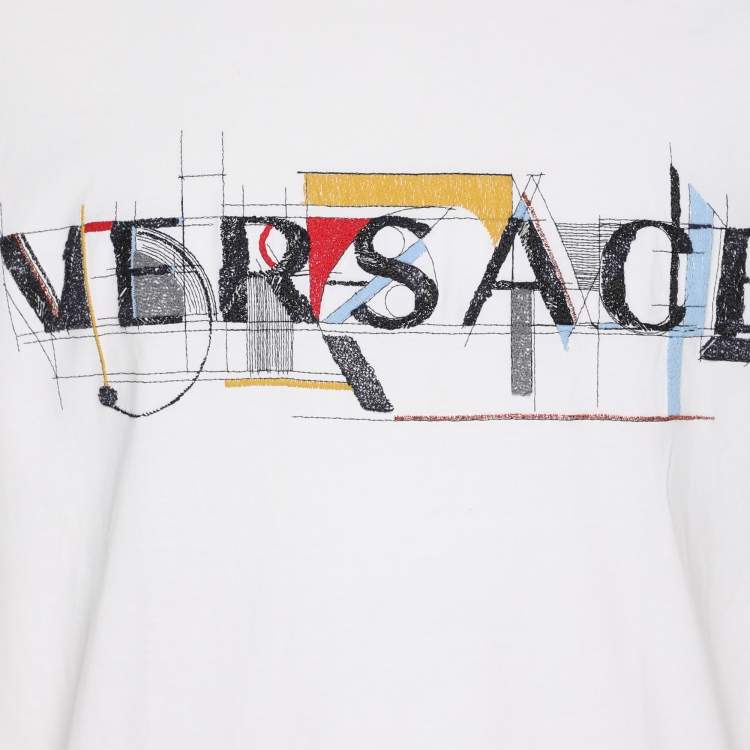 Pre Owned Versace White Logo Embroidered Jersey T-Shirt L