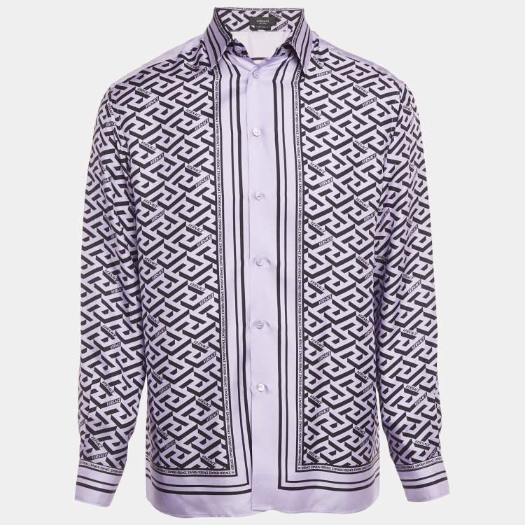 Pre Owned Versace Purple Logo Print Silk Heritage Fit Shirt M