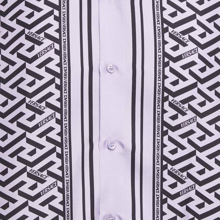 Pre Owned Versace Purple Logo Print Silk Heritage Fit Shirt M