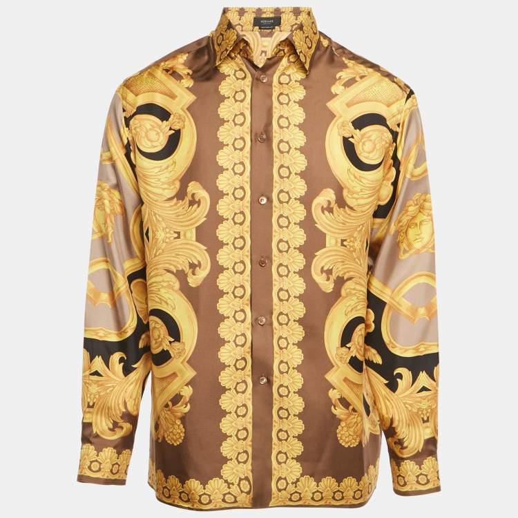 Pre Owned Versace Yellow/Beige Barocco Print Silk Heritage Fit Shirt M