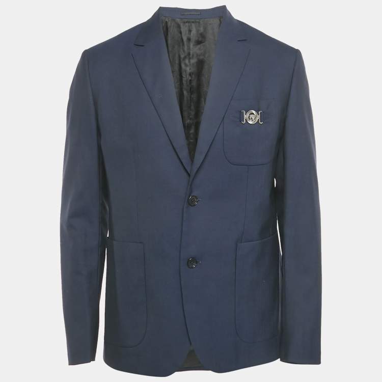 Pre Owned Versace Blue Wool Medusa Pocket Detail Blazer L