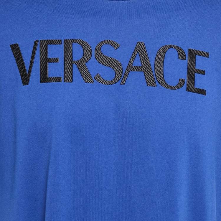 Pre Owned Versace Blue Logo Embroidered Cotton Crew Neck T-Shirt 4XL  