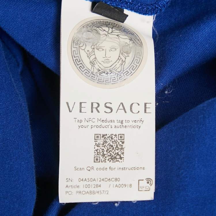 Pre Owned Versace Blue Logo Embroidered Cotton Crew Neck T-Shirt 4XL  