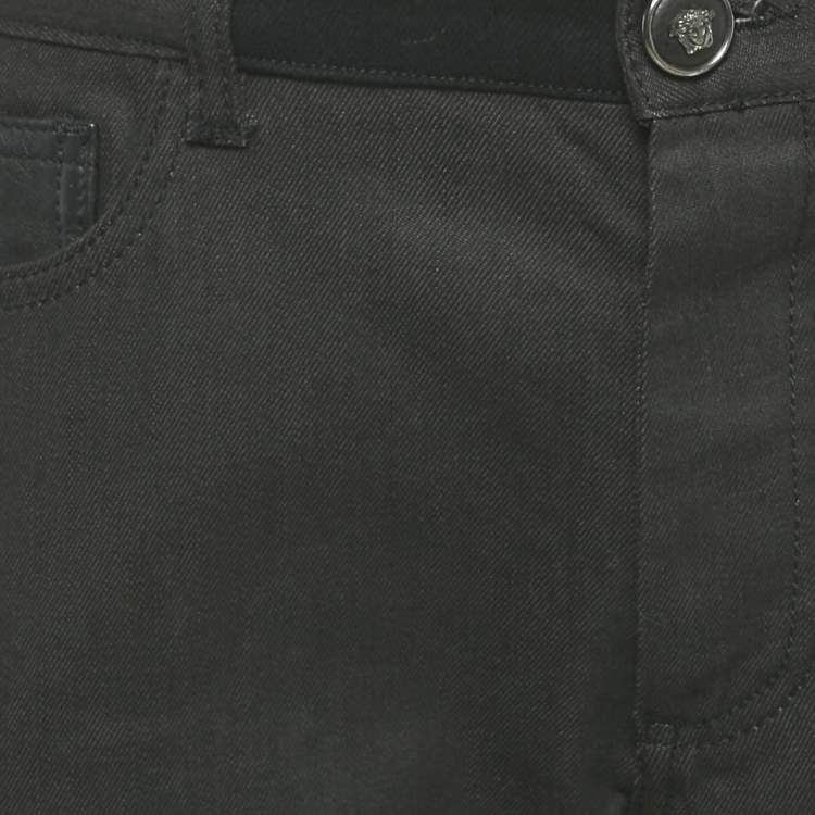 Pre Owned Versace Black Leather Trim Denim Jeans XL/Waist 36"