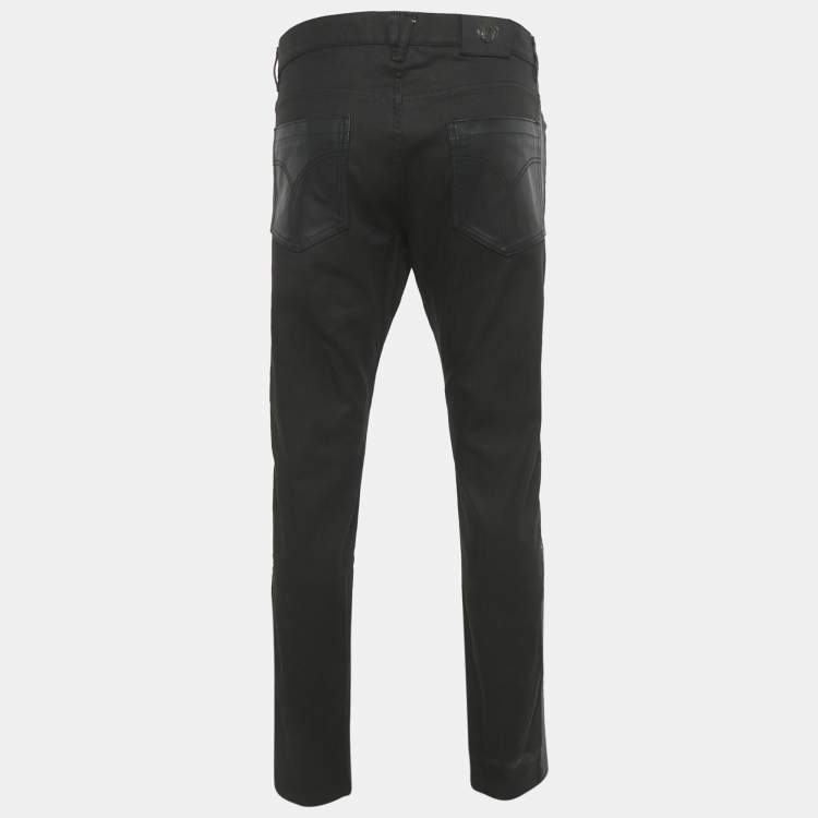 Pre Owned Versace Black Leather Trim Denim Jeans XL/Waist 36"