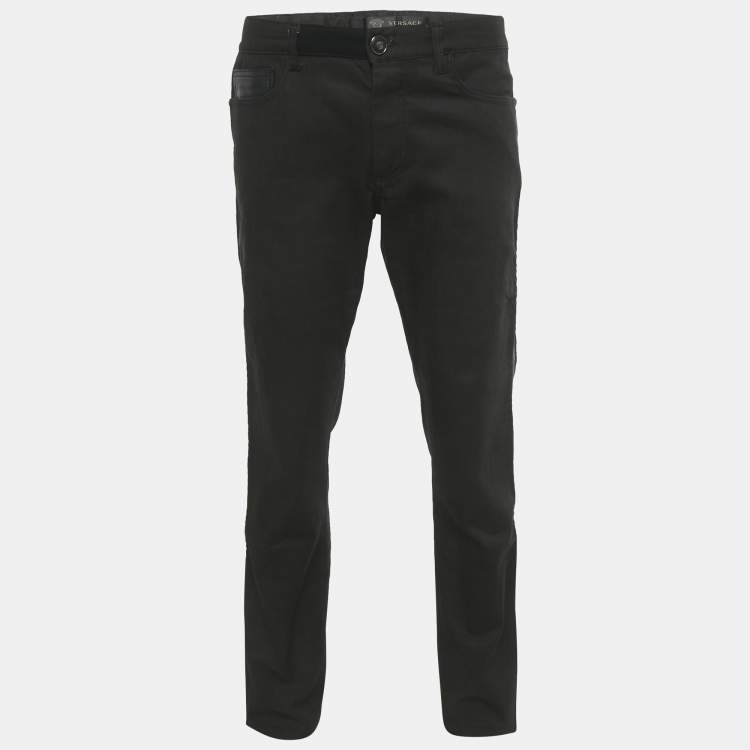 Pre Owned Versace Black Leather Trim Denim Jeans XL/Waist 36"