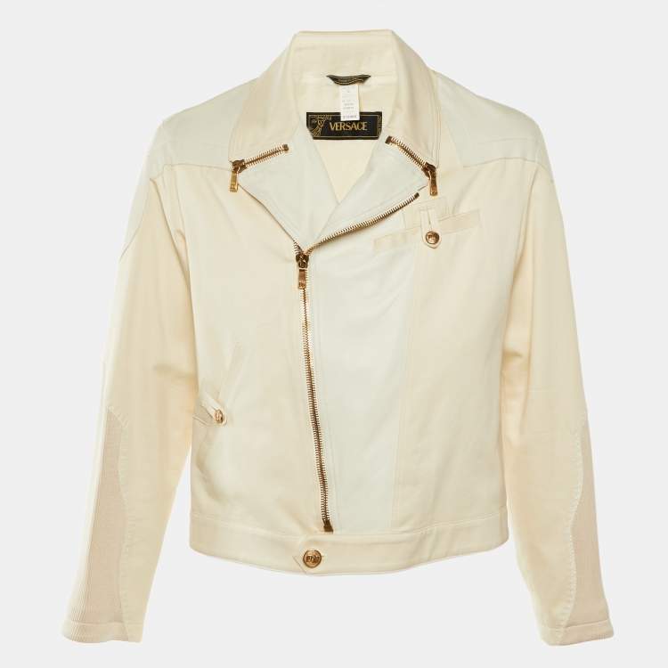 مملوكة مسبقًا Versace Vintage Cream Leather & Cotton Zip Up Jacket XL