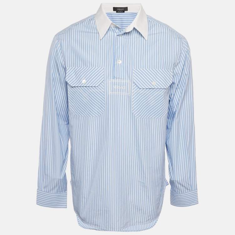 Pre Owned Versace Blue & White Striped Cotton College Fit Shirt S