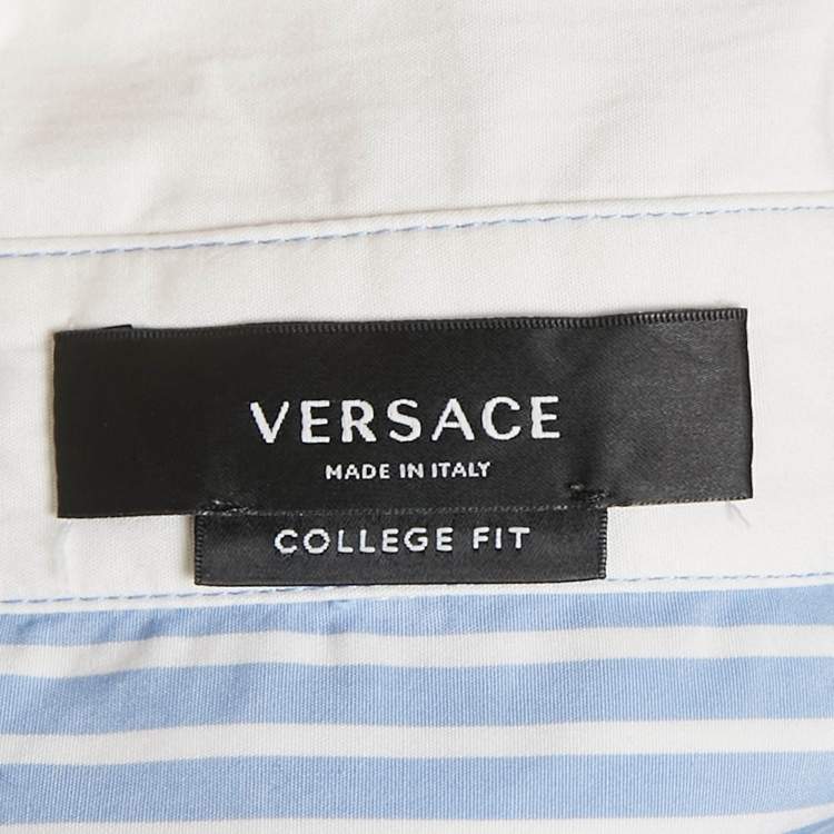 Pre Owned Versace Blue & White Striped Cotton College Fit Shirt S