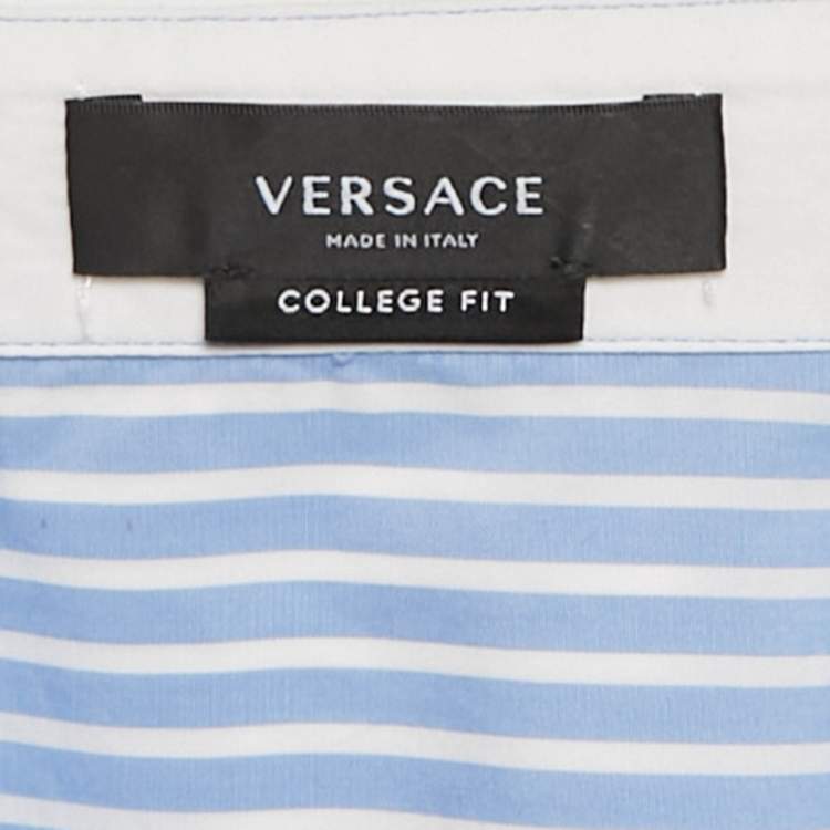 Pre Owned Versace Blue & White Striped Cotton College Fit Shirt S
