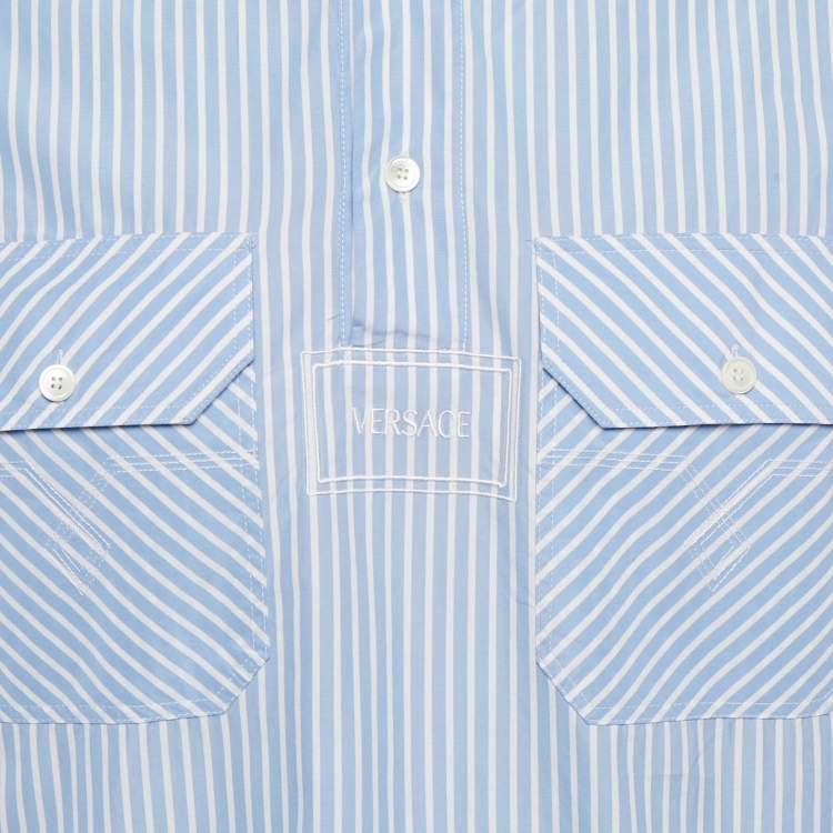 Pre Owned Versace Blue & White Striped Cotton College Fit Shirt S