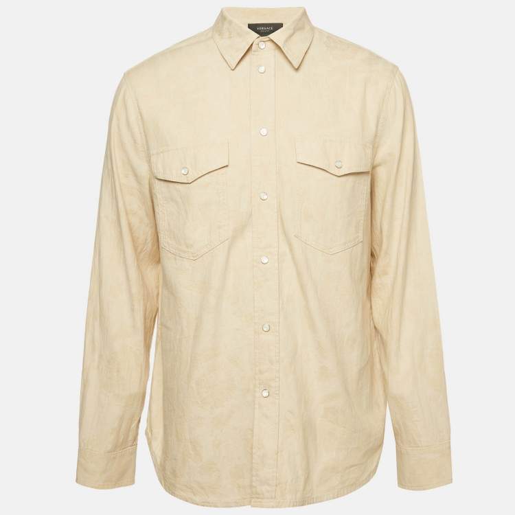 Versace Beige Barocco Jacquard Denim Button-Down Shirt S