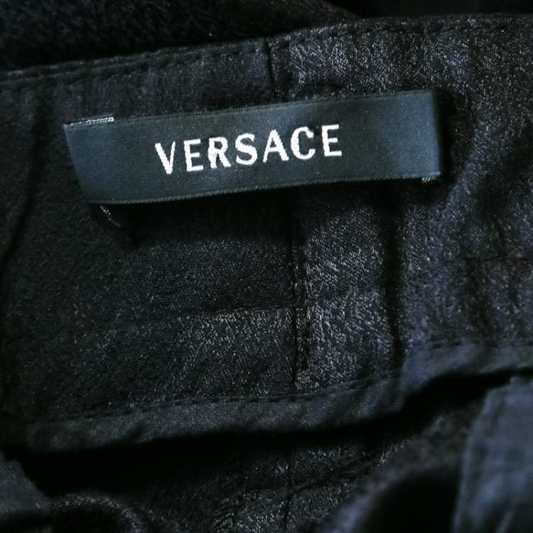 Pre Owned Versace Black Patterned Cloque Silk Wool Tapered Trousers L