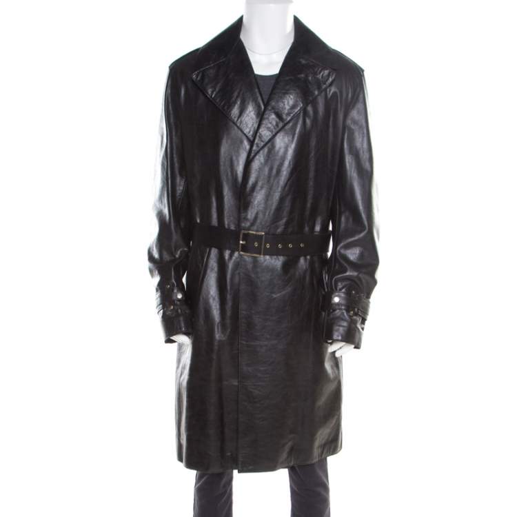 Pre Owned Versace Signature Black Leather Belted Overcoat XXL