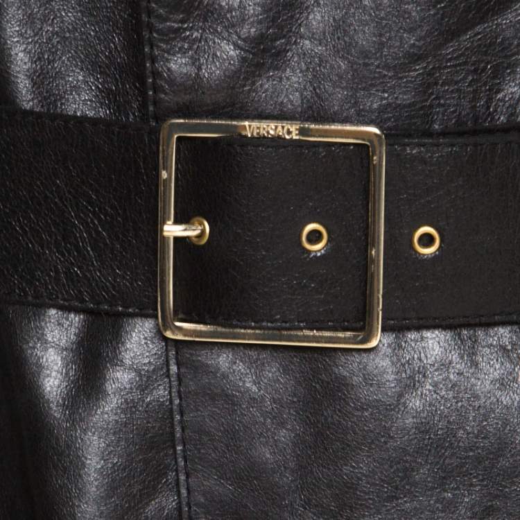 Pre Owned Versace Signature Black Leather Belted Overcoat XXL