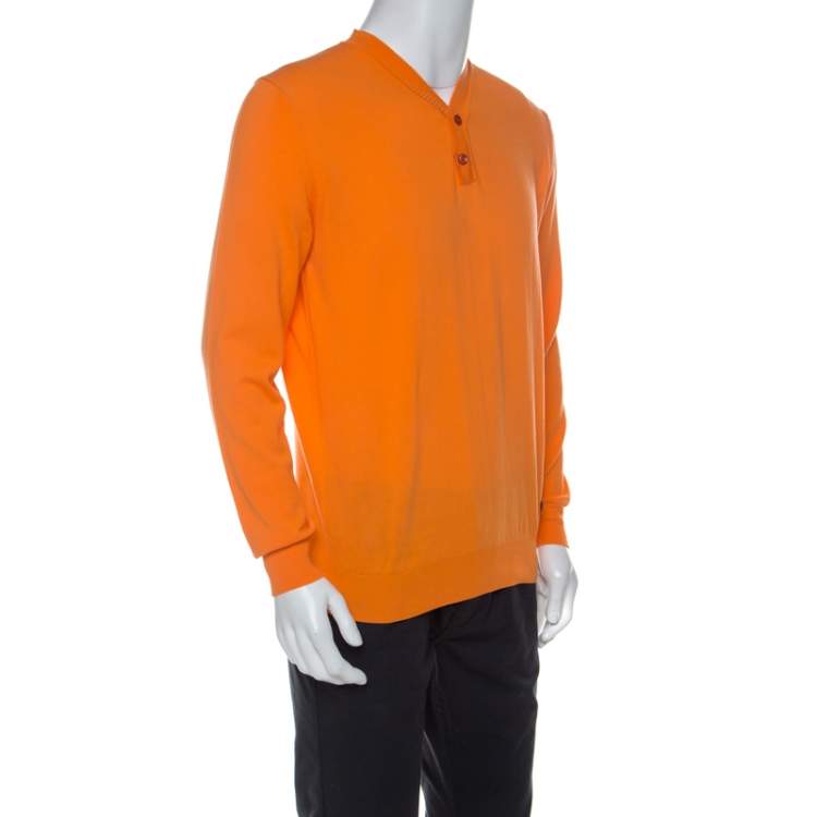 Pre Owned Versace Orange Cotton Knit V neck Buttoned Collar Sweater XXL