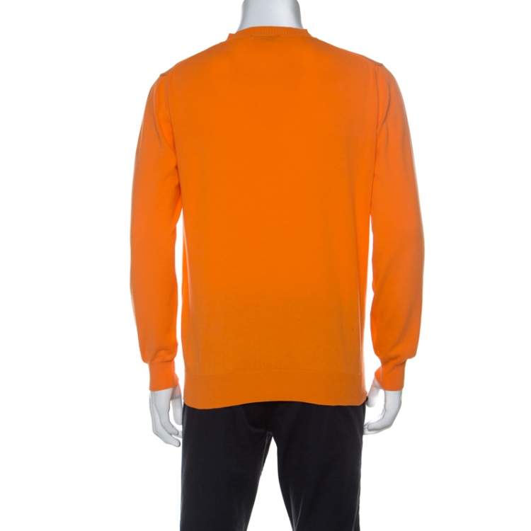 Pre Owned Versace Orange Cotton Knit V neck Buttoned Collar Sweater XXL