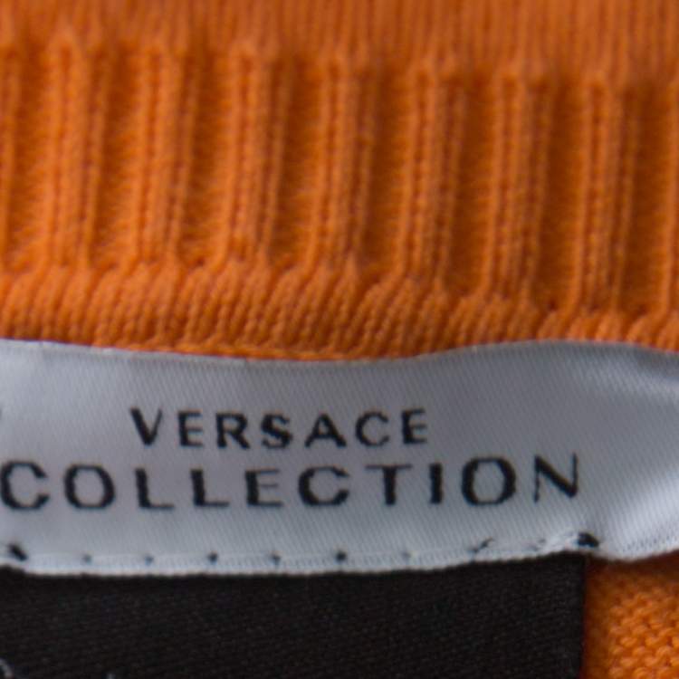 Pre Owned Versace Orange Cotton Knit V neck Buttoned Collar Sweater XXL
