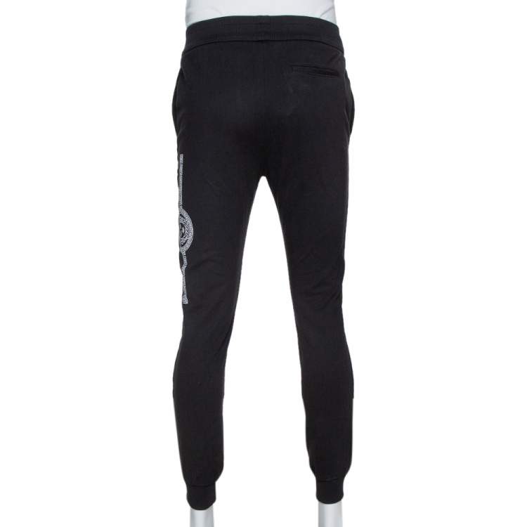 Pre Owned Versace Black Logo Print Cotton Elasticized Waist Jogger Pants M