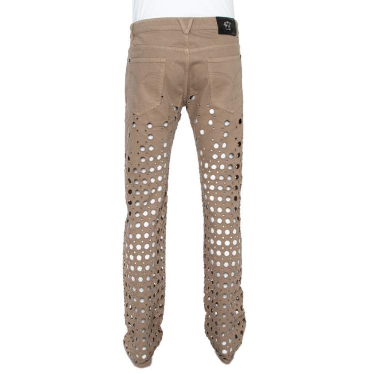 Pre Owned Versace Beige Denim Perforated Straight Leg Jeans L