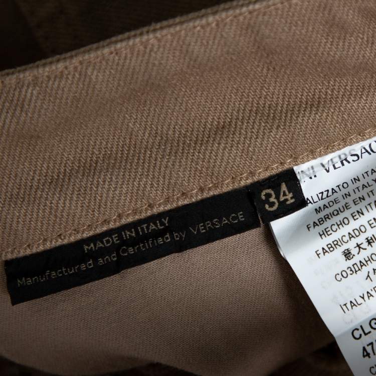 Pre Owned Versace Beige Denim Perforated Straight Leg Jeans L