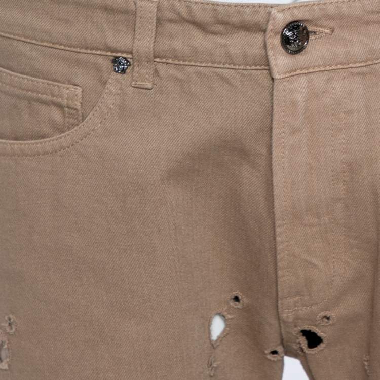 Pre Owned Versace Beige Denim Perforated Straight Leg Jeans L