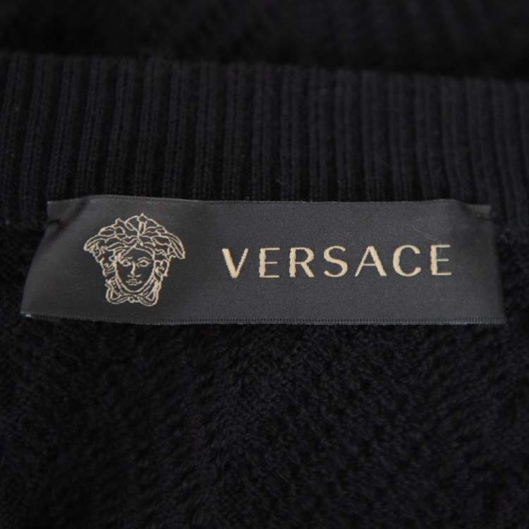 Pre Owned Versace Black Diamond Pattern Rib Knit Sweater XXL