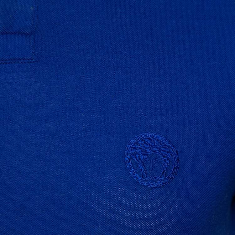 Pre Owned Versace Royal Blue Cotton Pique Button Front T-Shirt XS
