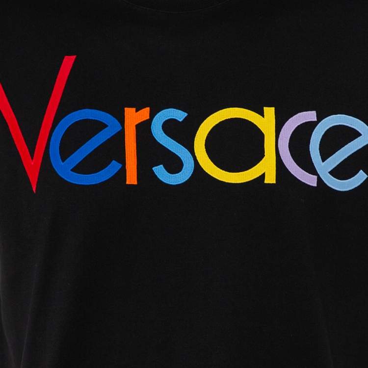Pre Owned Versace Black Cotton Logo Embroidered Crewneck T-Shirt S