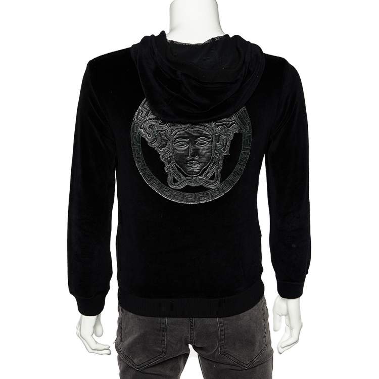 Pre Owned Versace Black Velvet Medusa Patch Detail Hooded Jacket L