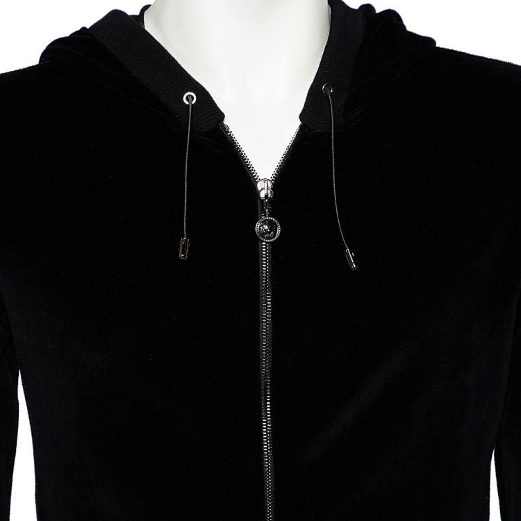 Pre Owned Versace Black Velvet Medusa Patch Detail Hooded Jacket L