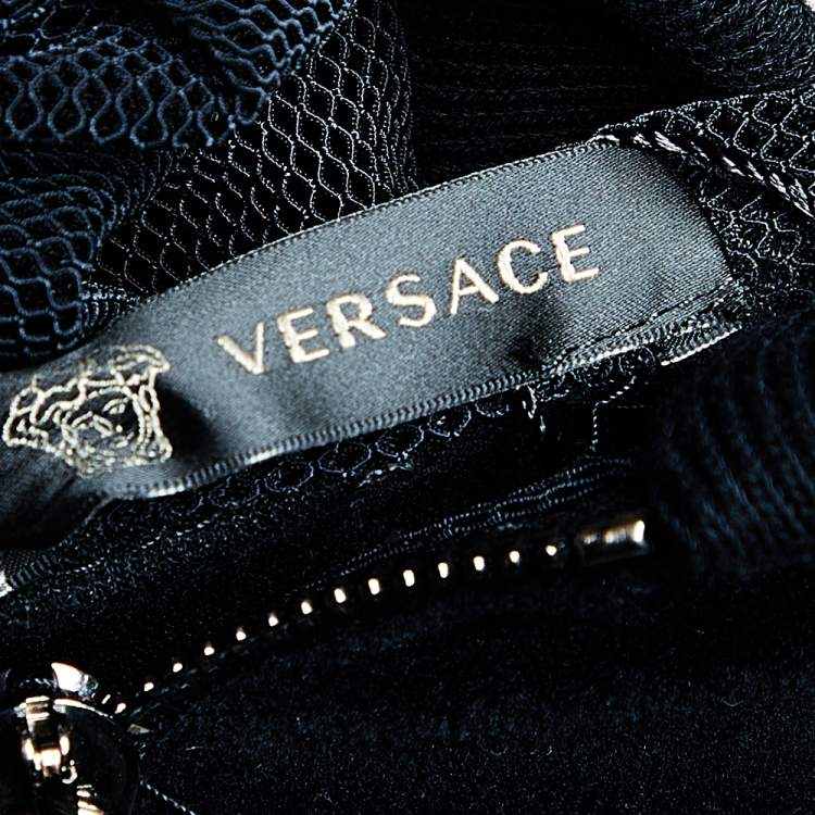 Pre Owned Versace Black Velvet Medusa Patch Detail Hooded Jacket L